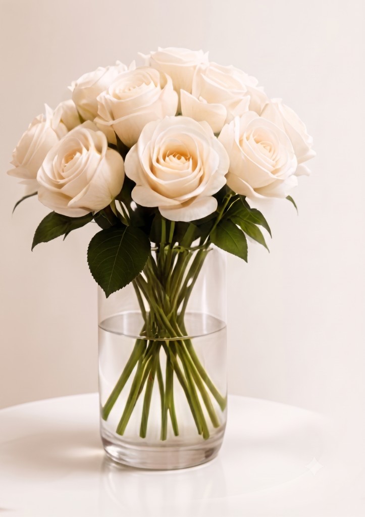 White roses in a clear glass vase